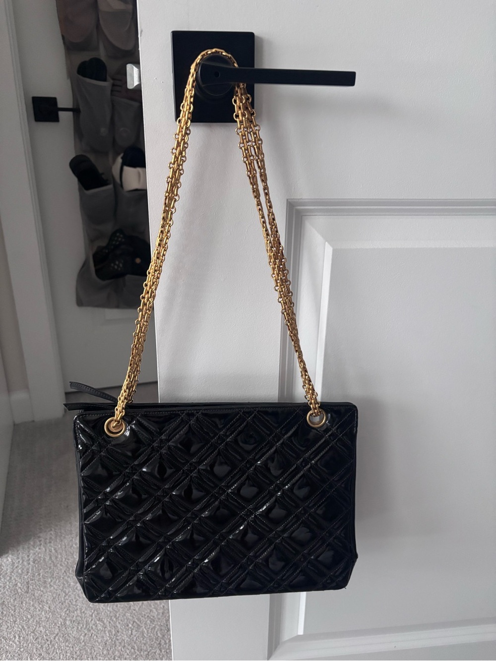 CHANEL Vintage Black Quilted Patent Shoulder Bag with Gold Chain